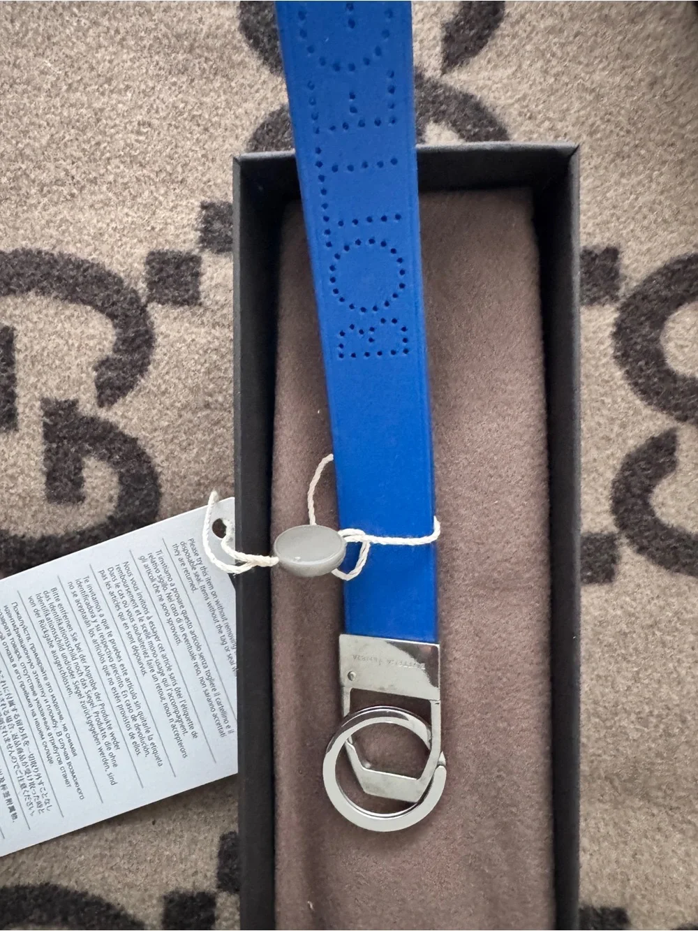 Bottega Veneta Blue Leather Key & Card Holder Strap with Silver Clip